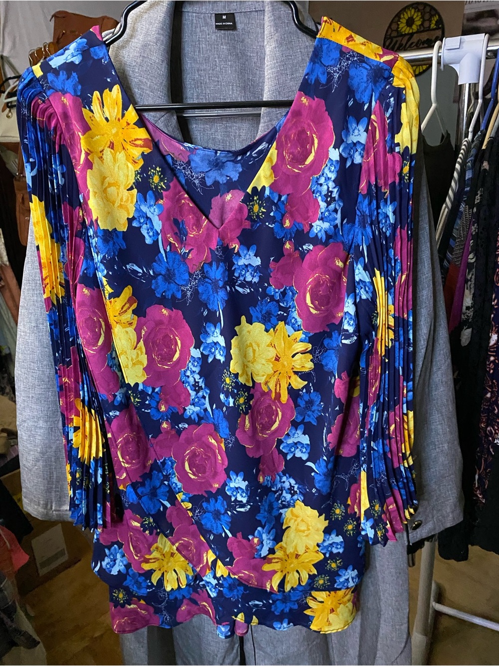 Laurie Felt Floral V-Neck Blouse with Purple & Yellow Blooms